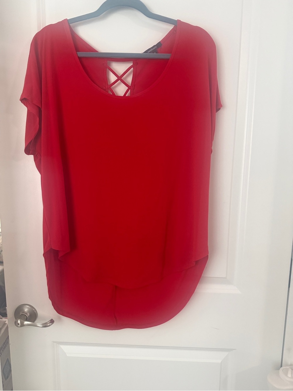Ambiance Red Scoop Neck Short Sleeve Top with Crisscross Back